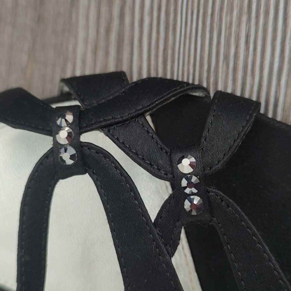 NINA Leather Soles Black Satin Strappy Heels Sandals Shiny Studs  7.5 Heel 2.5" - Picture 10 of 14